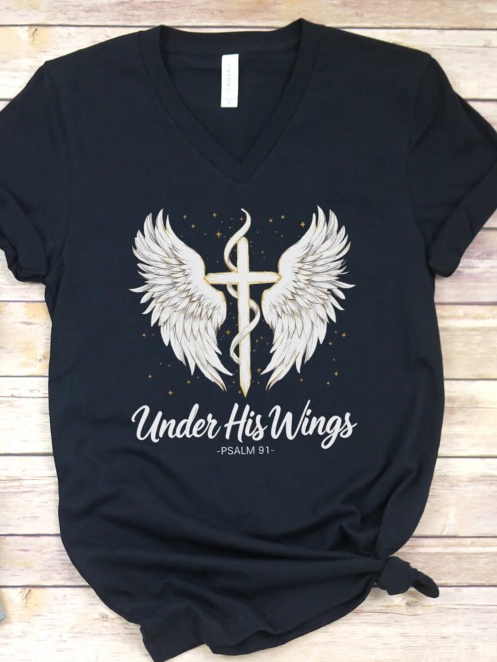 Under His Wings Psalm 91 With Cross - Unisex V-Neck Tee